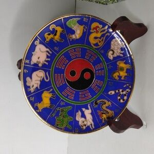 Vintage Chinese Zodiac Decorative 24k Gold Clad Plate w/ Padded Box & Wood Stand